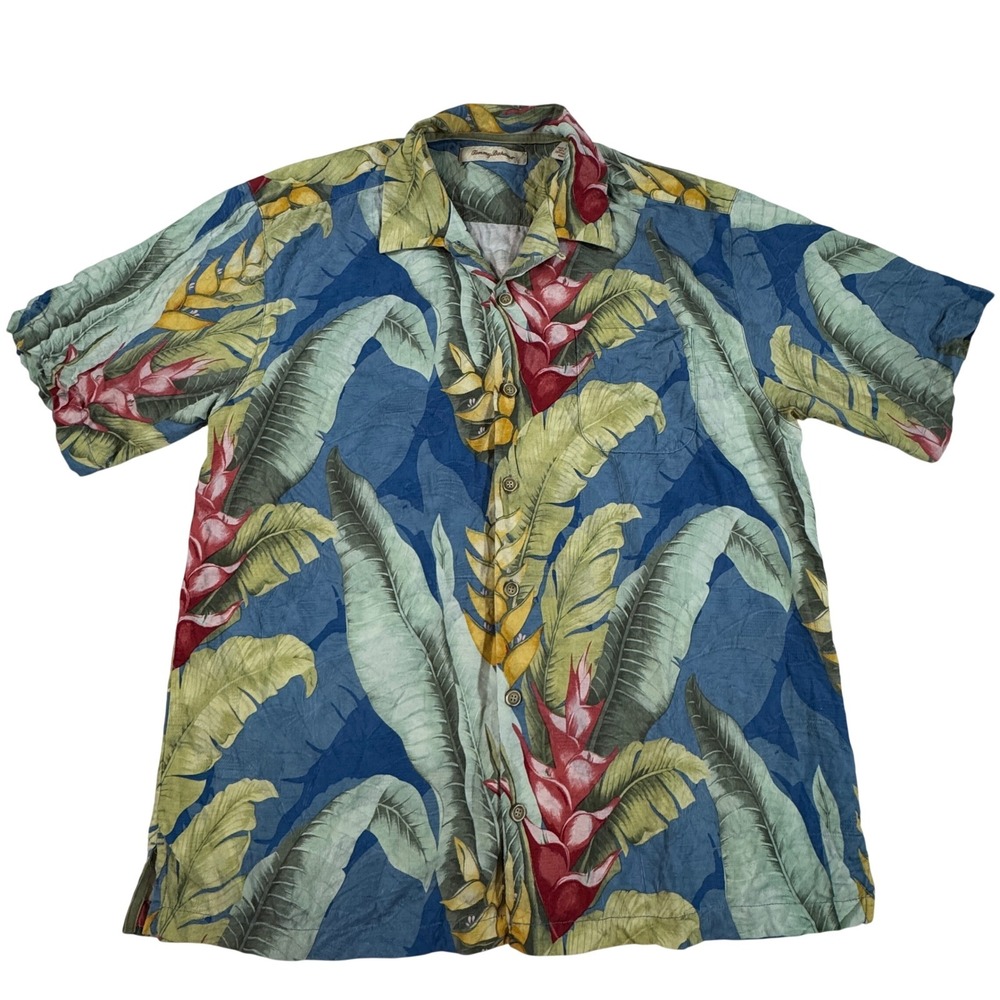 Tommy Bahama 100% Silk Tropical Floral Palm Leaf Button Down Men's L Preppy